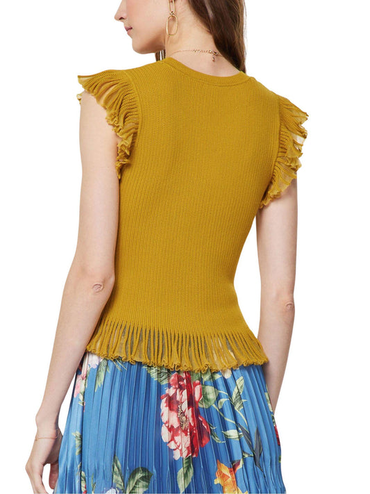 Sueter tejido mostaza con olanes vista espalda