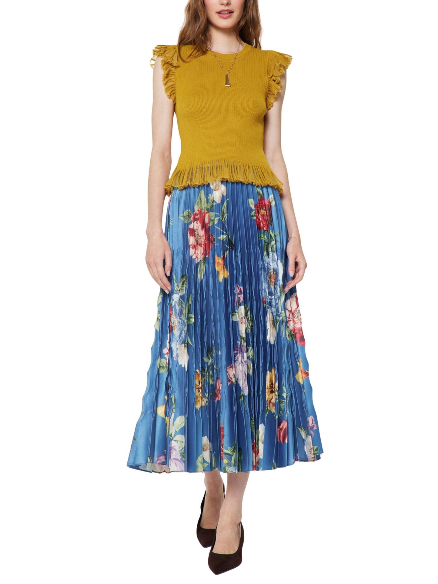 Sueter tejido mostaza con olanes para mujer frente completo