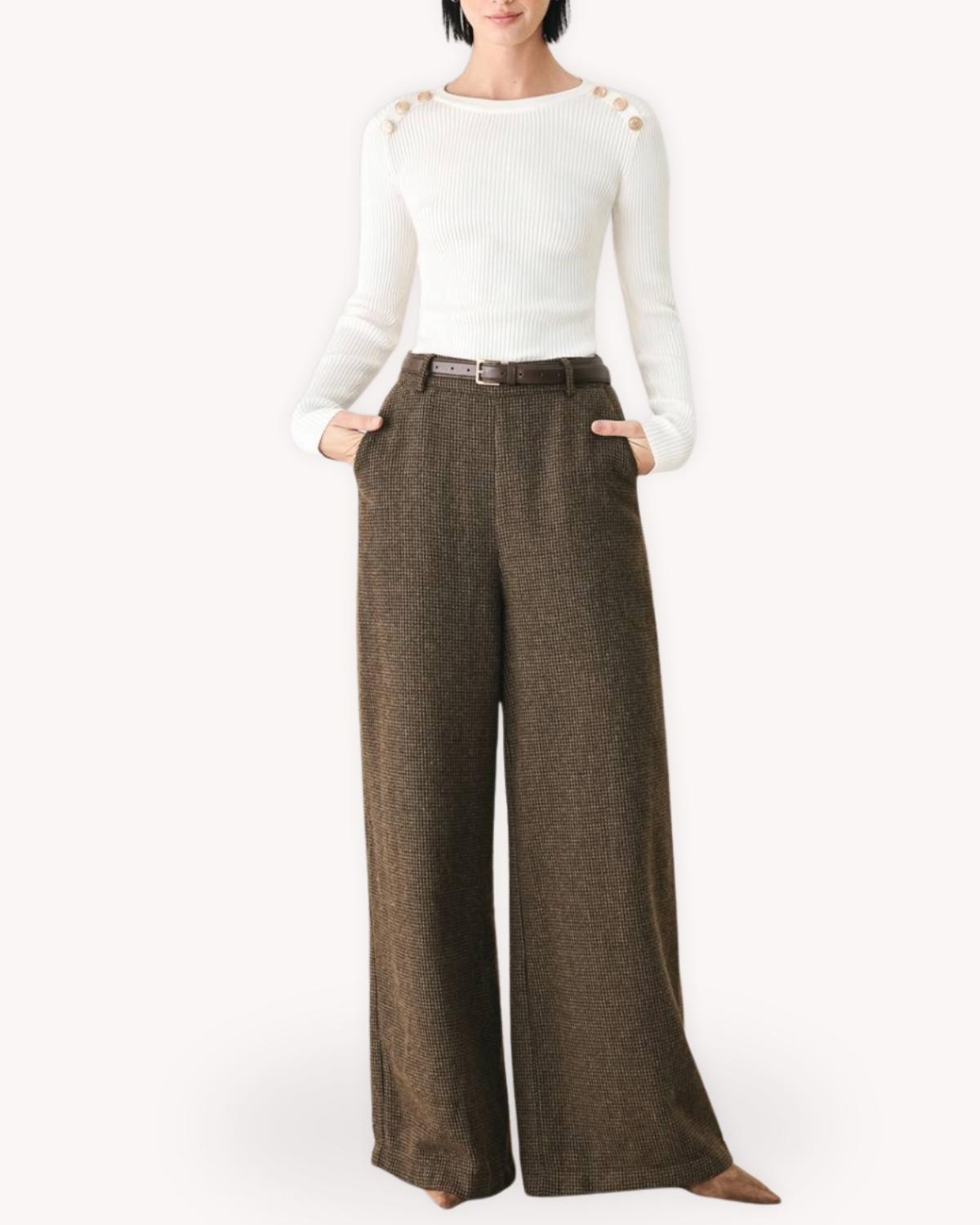 Pantalón de tiro alto y pierna ancha del traje blazer y pantalón de cuadros café