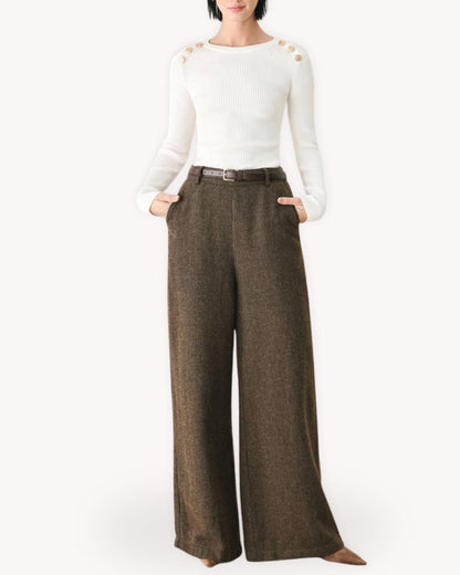 Pantalón de tiro alto y pierna ancha del traje blazer y pantalón de cuadros café