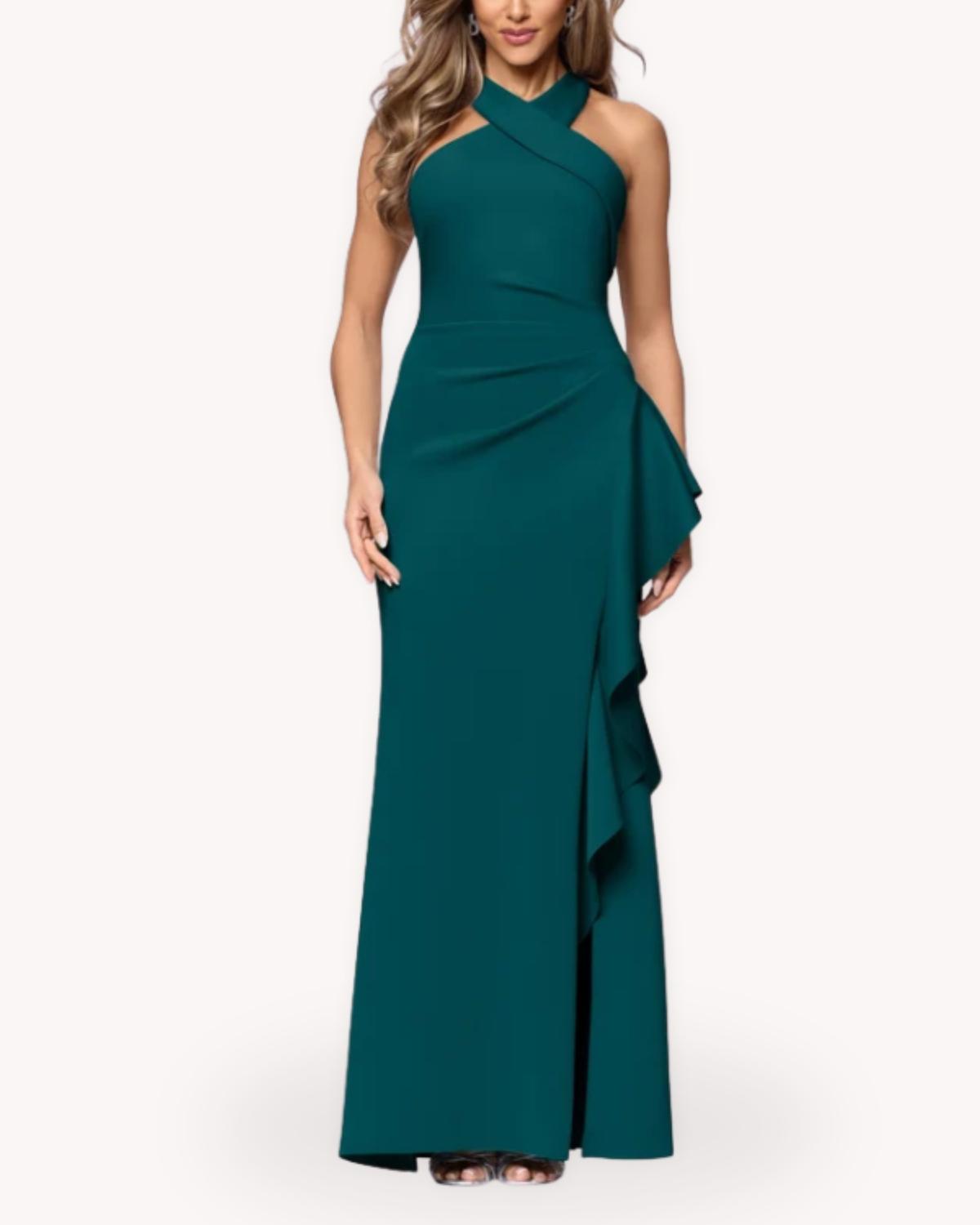 Vestido Gala Halter Verde Esmeralda con escote cruzado y silueta estilizada