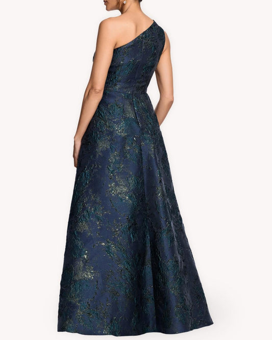 Vestido largo de fiesta azul jacquard visto de espalda