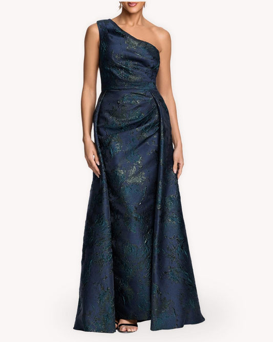 Vestido largo de fiesta azul en jacquard petróleo de un hombro