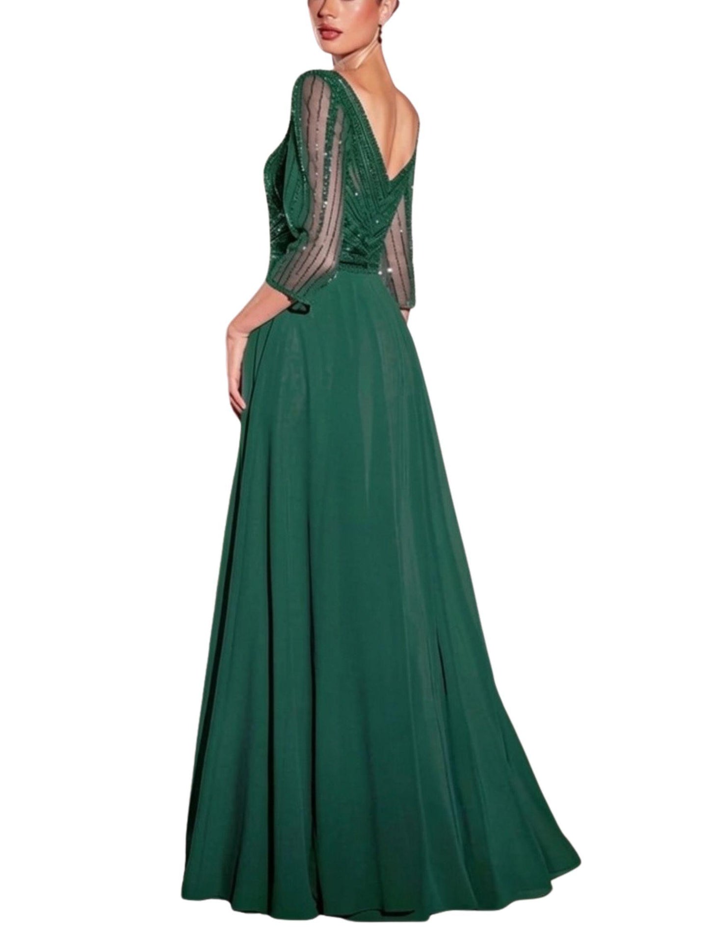 Espalda de Vestido Largo Cristales Manga 3/4 color verde con falda de gasa