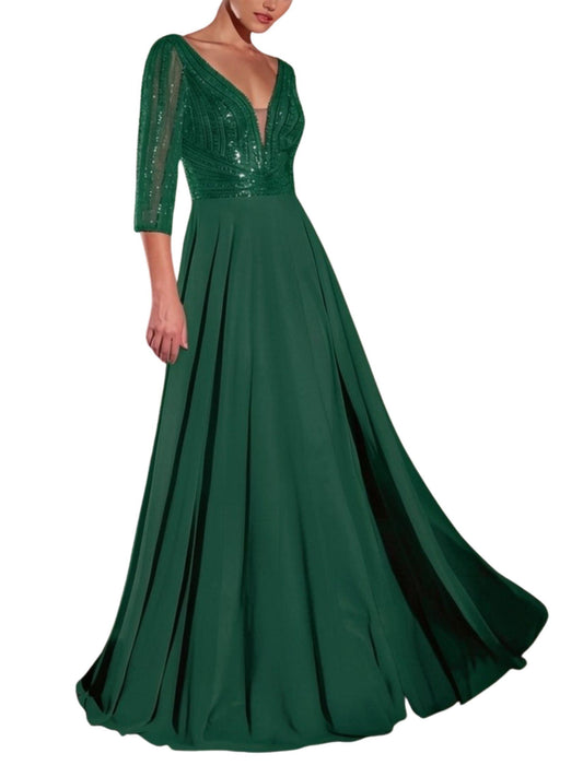 Vestido Largo Cristales Manga 3/4 color verde con falda de gasa corte A