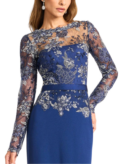 Vestido Largo Encaje Bordado Manga Larga con bordado floral y escote ilusión