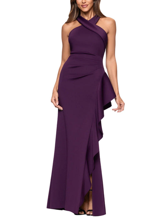Vestido largo halter cruzado morado con volante lateral