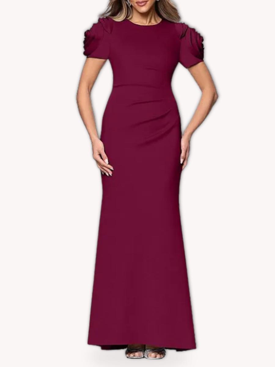 Vestido largo vino con mangas de rosetones para mujer