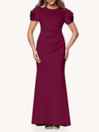 Vestido largo vino con mangas de rosetones para mujer