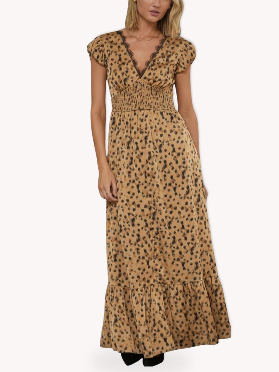 Vestido maxi animal print camel con escote de encaje