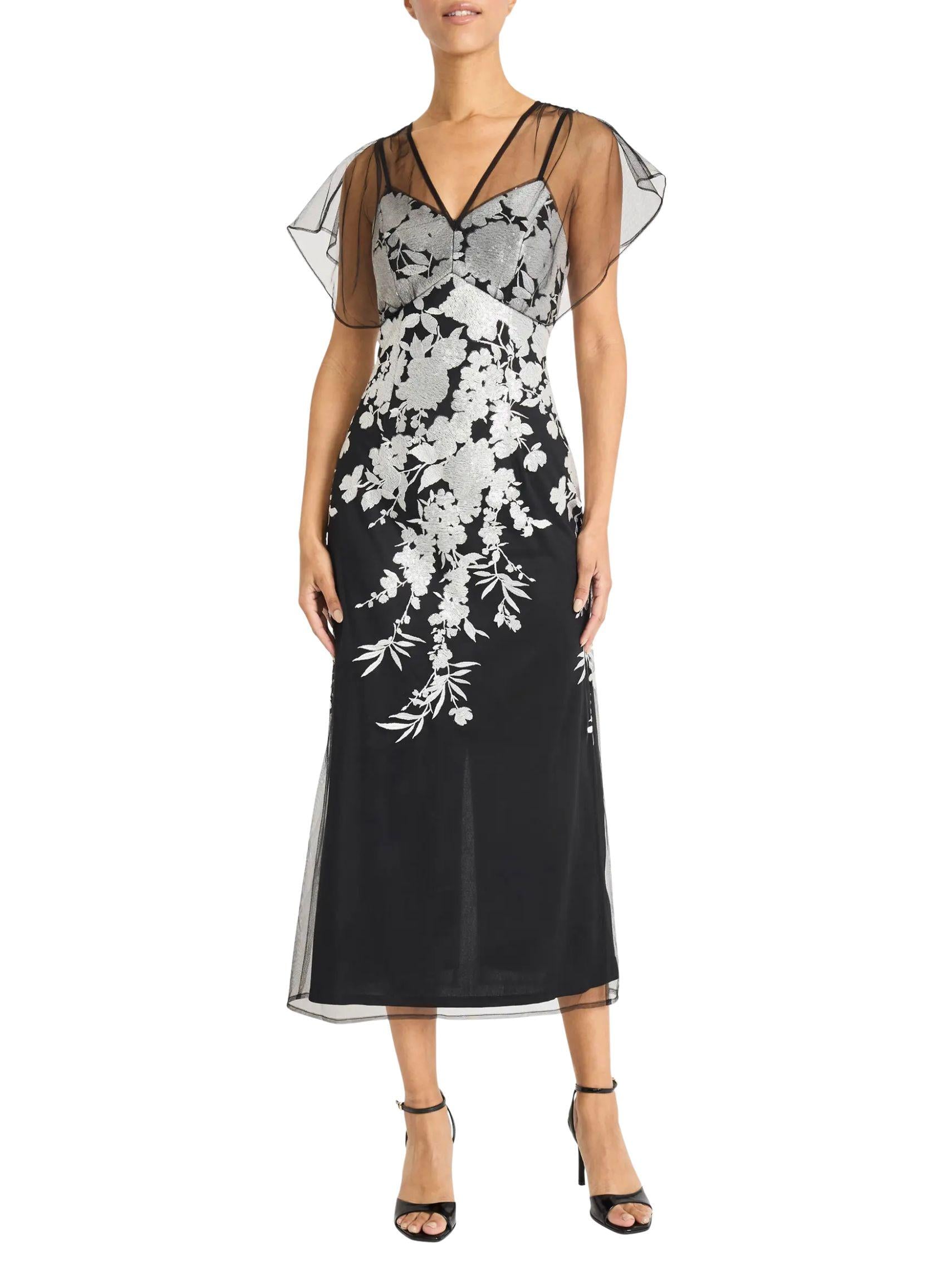 Vestido midi bordado floral en contraste con hombros velados y escote en V