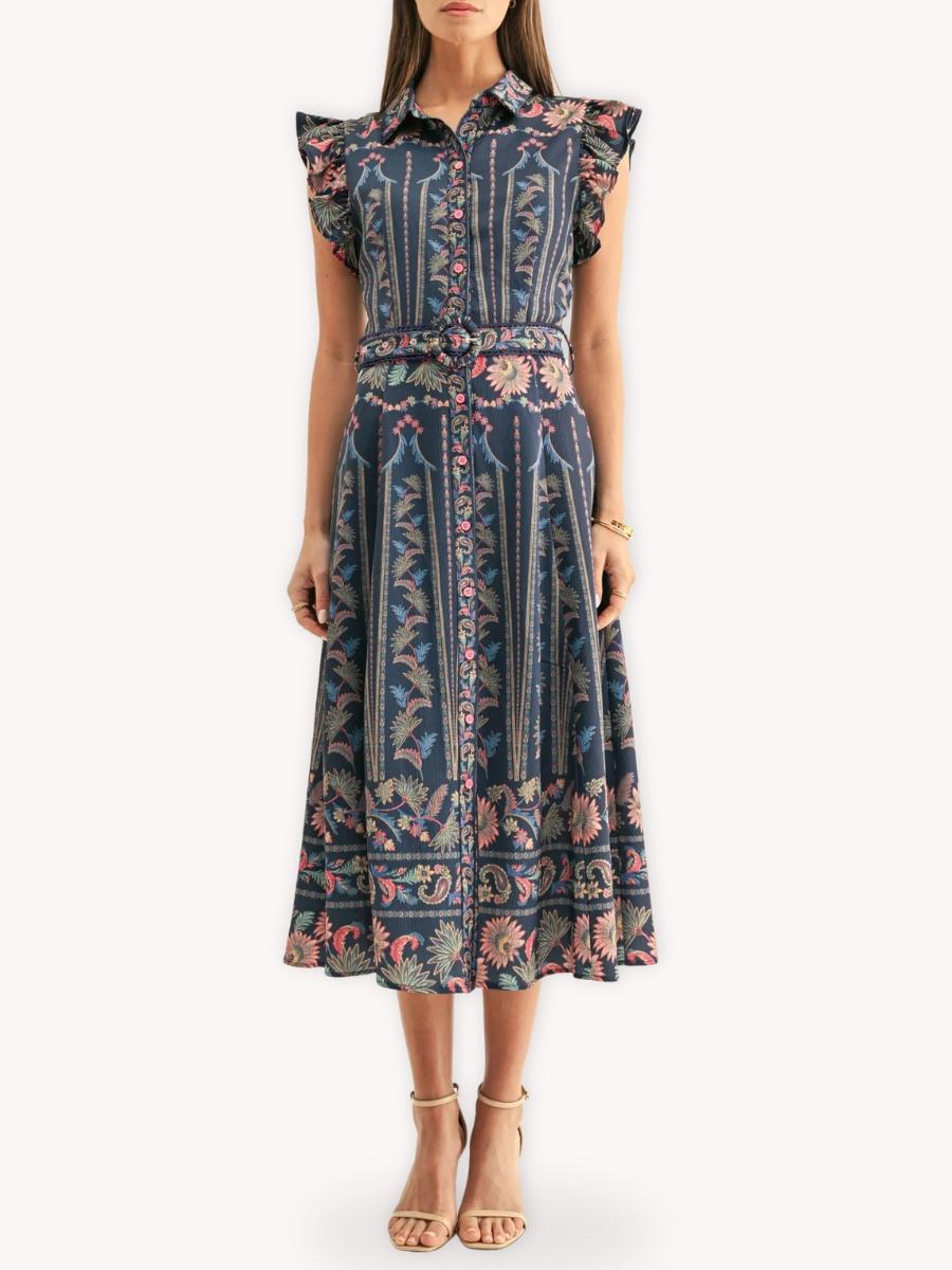 Vestido midi botánico azul con cinturón y volantes