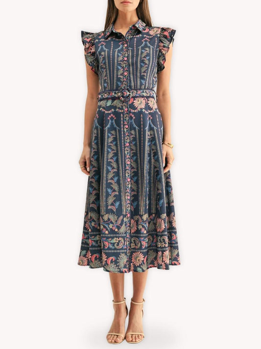 Vestido midi botánico azul con cinturón y volantes
