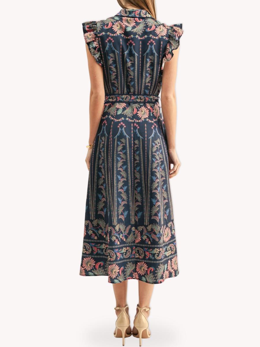 Vista posterior de vestido midi botánico azul