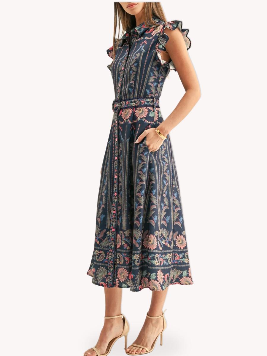 Vestido midi estampado azul con acabado satinado