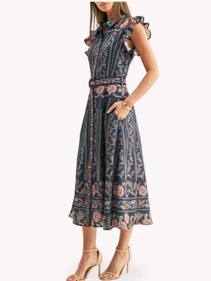 Vestido midi estampado azul con acabado satinado