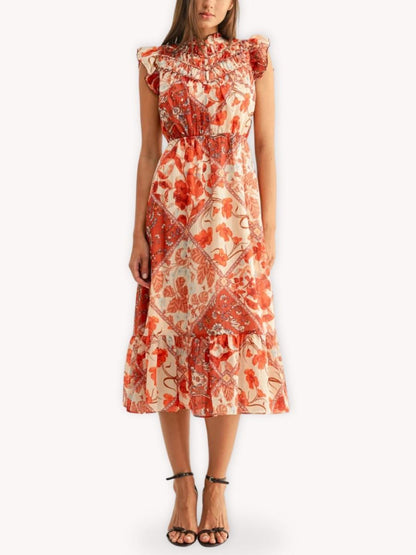 Vestido midi estampado terracota con cuello de volantes