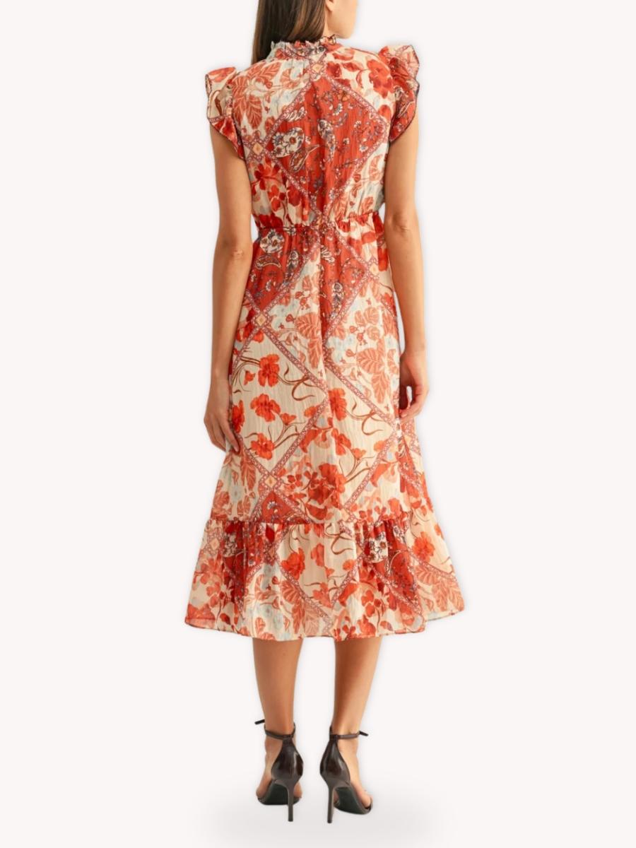 Vista posterior de vestido midi estampado terracota