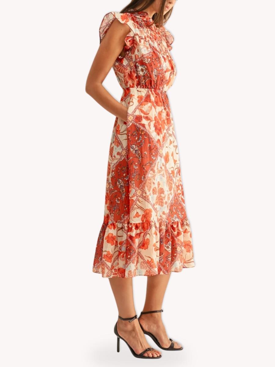 Vestido midi estampado terracota con cintura marcada