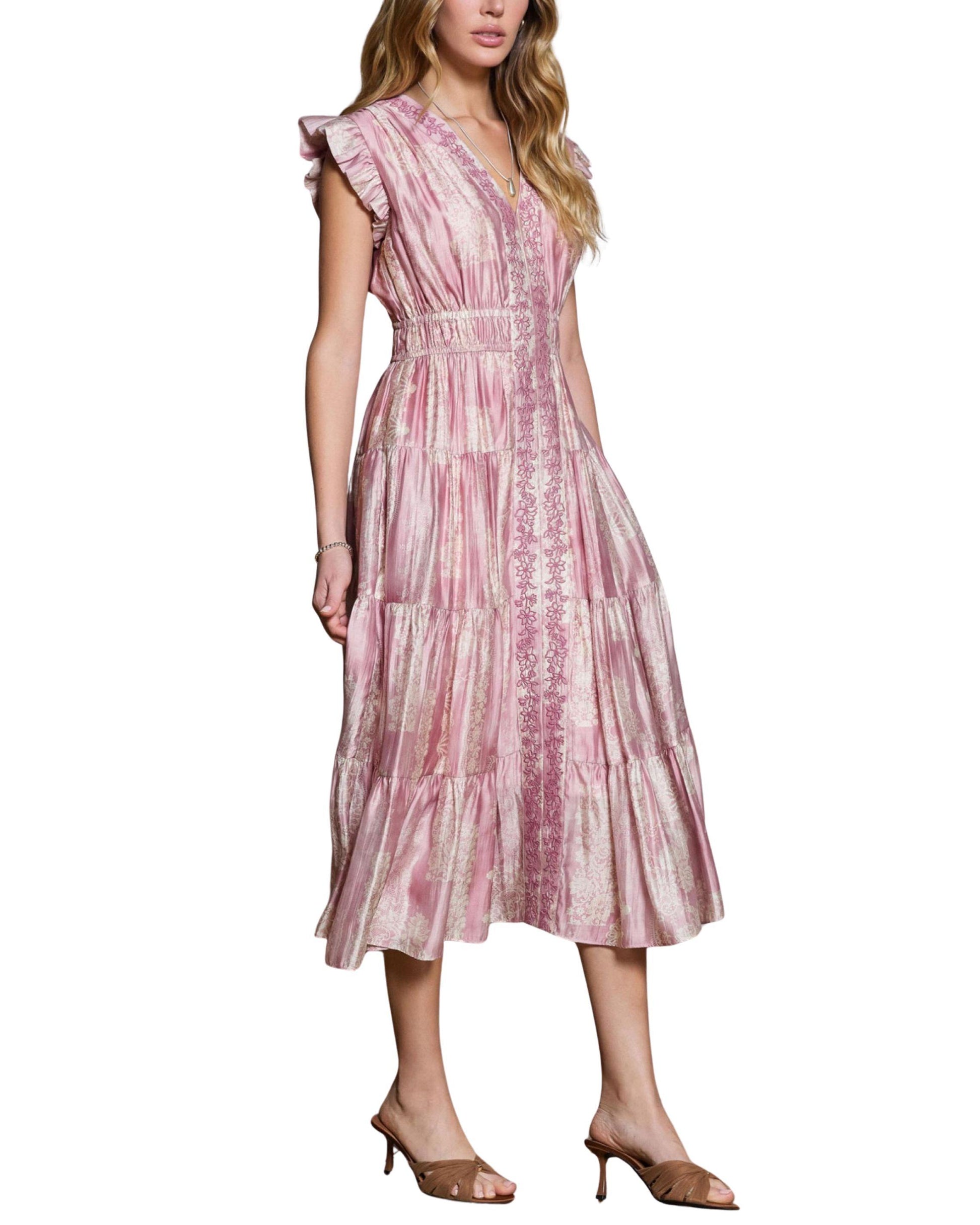 vestido midi rosa estampado floral latera