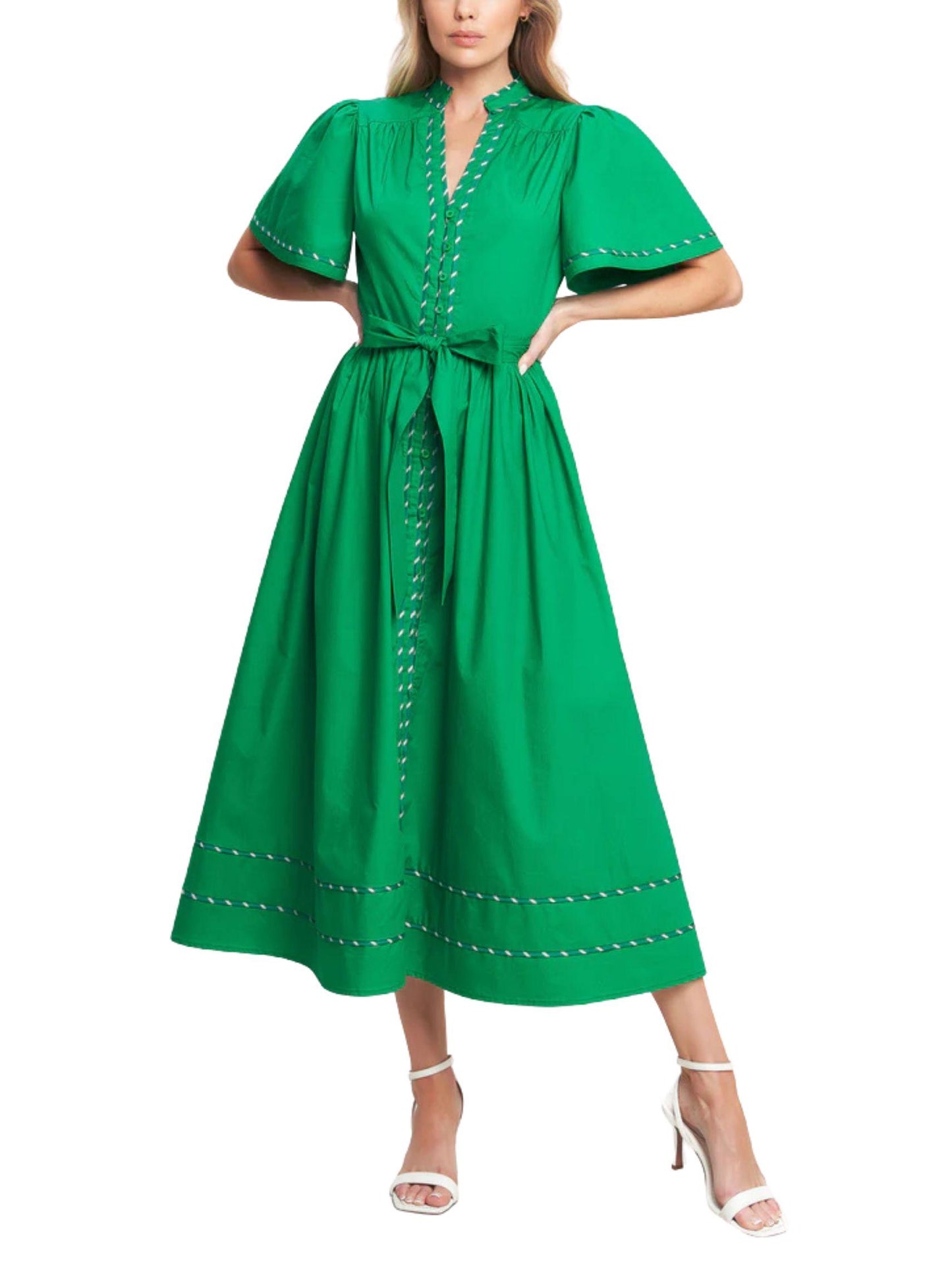 Vestido midi verde de algodón con manga corta tipo globo y cinturón, vista frontal.