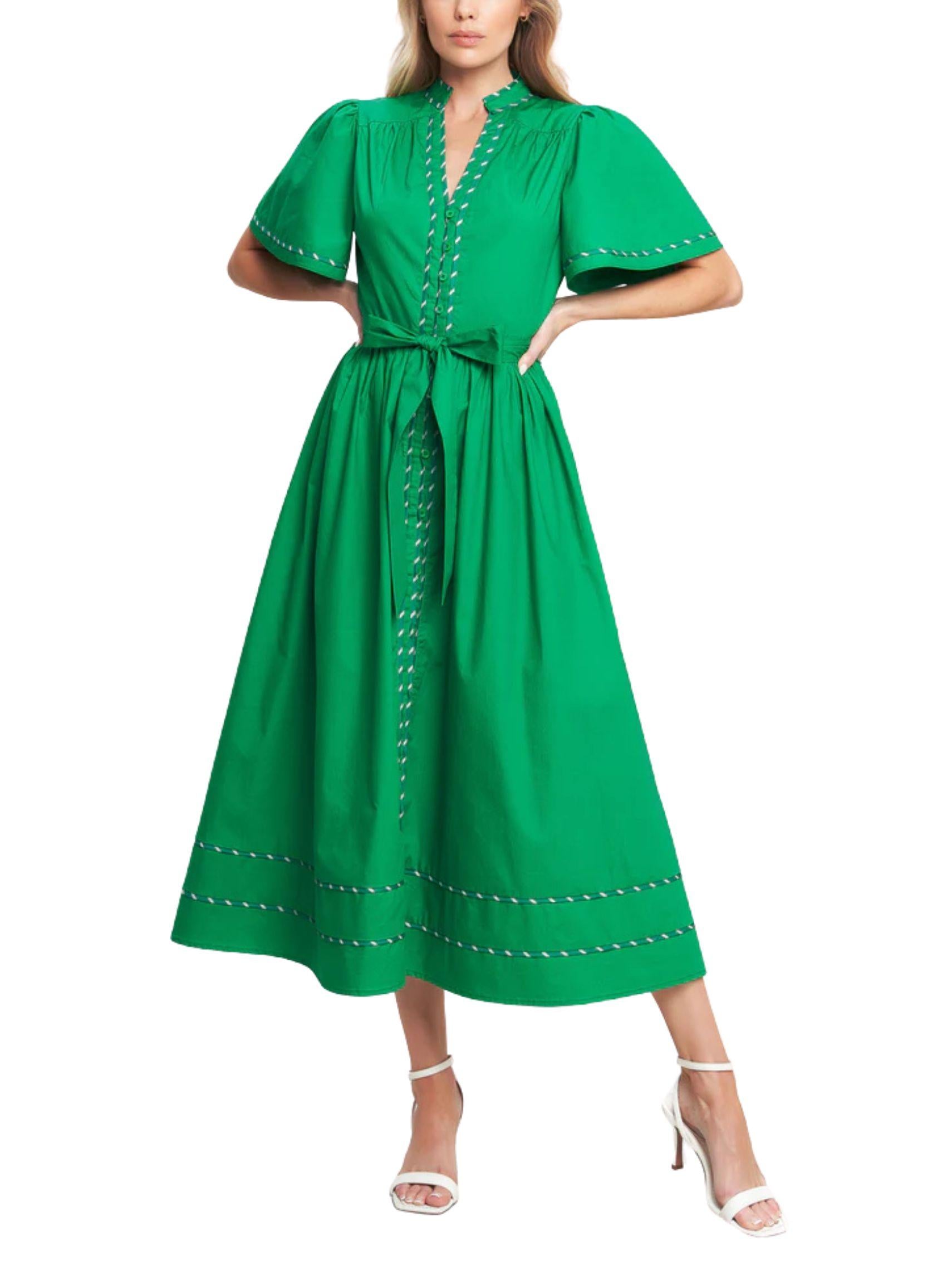 Vestido midi verde de algodón con manga corta tipo globo y cinturón, vista frontal.